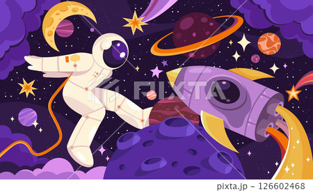 Spaceman walking in outer space with flying airship. Vector astronaut with planets and asteroids, moon crescent and rocket. Cosmos suit in zero gravity mission. Solar system,universe travel. Astronomy 126602468