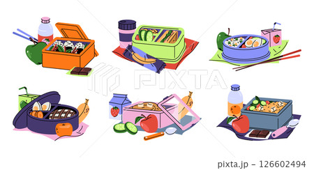 Vector set of lunchbox with meal or food containers. Nutrition takeaway in open plastic package. Bento with vegetable and fruit, juice and snack. Homemade Diet cooking for office ,school. Organic. 126602494