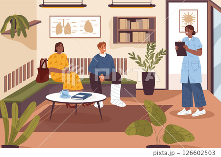 Clinic queue or hospital line near doctor cabinet. Vector nurse with paperwork and patience with broken leg. Medical clipart with people wait in hallway for trauma assistance. Healthcare and treatment Clinic queue or hospital line near doctor cabinet. Vector nurse with paperwork and patience with broken leg. Medical clipart with people wait in hallway for trauma assistance. Healthcare and treatment 126602503