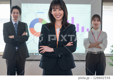 会議室のスクリーンの前に立つ男女 126602558