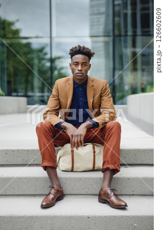 A man in a brown jacket and tan pants sits on a set of steps 126602609