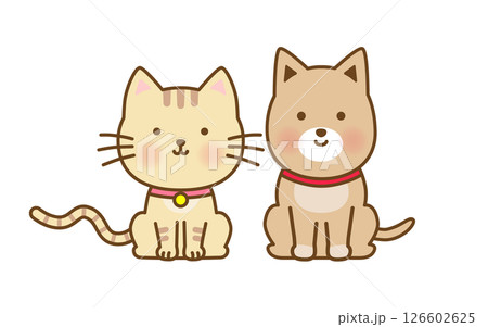 仲良く並ぶかわいい飼い犬と飼い猫のイラスト 126602625