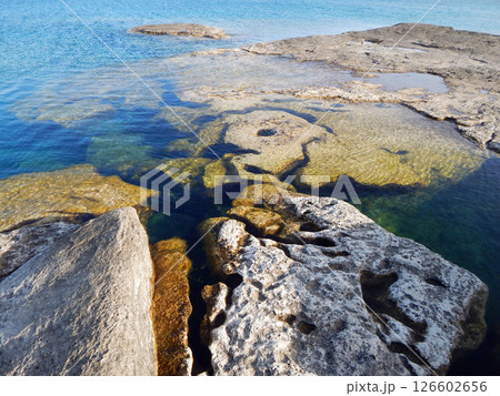 Rocky shore of the Caspian Sea. 126602656
