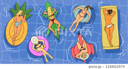 Swimming pool. Swim beach. Woman float on inflatable mattress. Girl sunbathing in water. People in bikini relax on flamingo inflated ring. Top view. Fashion swimsuit. Vector summer travel background 126602974