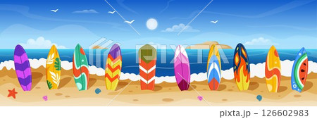 Surfboard on beach. Scene with Hawaii sand, colorful board with pattern. Landscape in summer wave. Tropical sport at sea. Ocean holiday. Sun coast paradise. Vector tidy cartoon isolated illustration Surfboard on beach. Scene with Hawaii sand, colorful board with pattern. Landscape in summer wave. Tropical sport at sea. Ocean holiday. Sun coast paradise. Vector tidy cartoon isolated illustration 126602983
