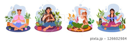 Meditating woman in plants. Indoor home sport with nature, flower tree. Fitness yoga young girl. Garden room, conservatory. ECO urban relax. Vector tidy character, cartoon flat style isolated set Meditating woman in plants. Indoor home sport with nature, flower tree. Fitness yoga young girl. Garden room, conservatory. ECO urban relax. Vector tidy character, cartoon flat style isolated set 126602984