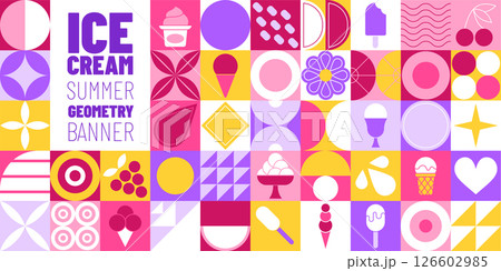 Geometric ice cream pattern. Summer dessert icon. Sweet food. Colorful ornament in abstract banner. Logo gelato on mosaic background. Waffle cone with delicious balls. Vector design garish symbols Geometric ice cream pattern. Summer dessert icon. Sweet food. Colorful ornament in abstract banner. Logo gelato on mosaic background. Waffle cone with delicious balls. Vector design garish symbols 126602985