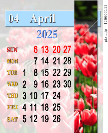 calendar for April with photo of blossoming bed of red tulips. Monday start calendar for April with photo of blossoming bed of red tulips. Monday start 126603115