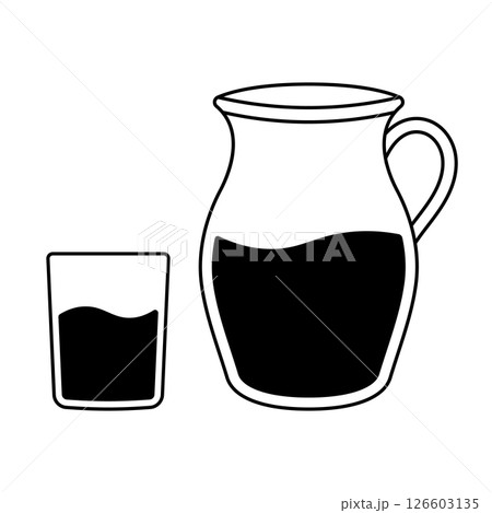 Pitcher and Glass with Liquid Silhouette Vector. Black and white vector illustration featuring a large pitcher and a drinking glass, both partially filled with liquid. 126603135