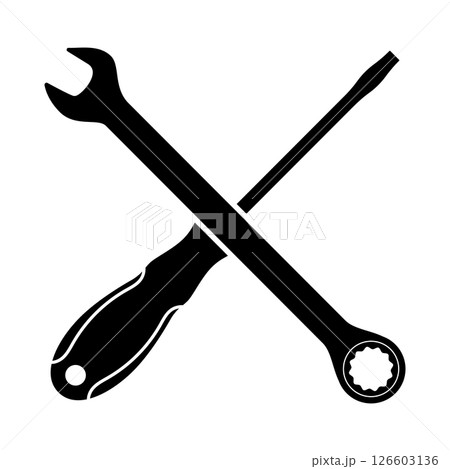 Wrench and Screwdriver Crossed Icon Vector Illustration. A simple, bold icon of a wrench and a screwdriver crossed in an X shape. 126603136