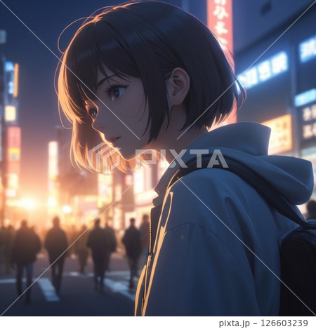 夜の都会を歩く女性 126603239