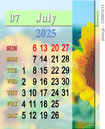 calendar for July with photo of blossoming yellow sunflower. Sunday start 126603251