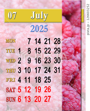 calendar for July with photo of red raspberry. Calendar for printing calendar for July with photo of red raspberry. Calendar for printing 126603252