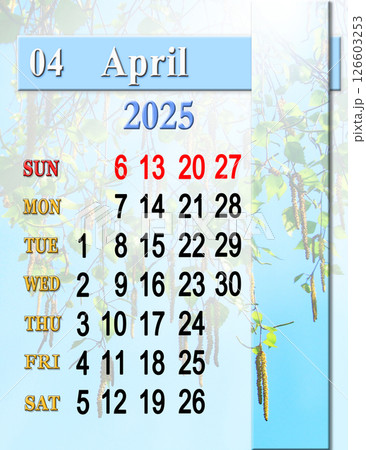 Calendar for April with photo of of new birch buds. Sunday start Calendar for April with photo of of new birch buds. Sunday start 126603253
