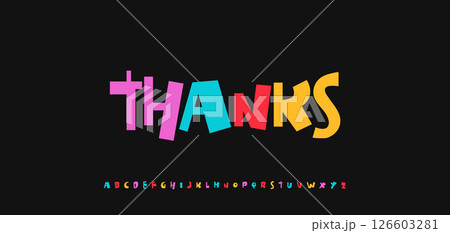 Thanks in funky retro comic style with expressive multicolor letters. Youthful and bold look for posters, kids events or fun branding. Vector illustration Thanks in funky retro comic style with expressive multicolor letters. Youthful and bold look for posters, kids events or fun branding. Vector illustration 126603281