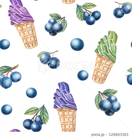 Seamless Watercolor Pattern with Ice Cream and Blueberries 126603361