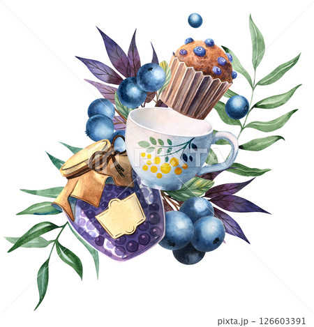 Watercolor Composition with Jam Jar, Tea Cup and Blueberries Watercolor Composition with Jam Jar, Tea Cup and Blueberries 126603391