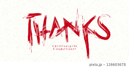 Thanks message with edgy horror-inspired scratchy red font. Ideal for Halloween card, bold typography, subscriber alert or creative headline. Vector illustration. Thanks message with edgy horror-inspired scratchy red font. Ideal for Halloween card, bold typography, subscriber alert or creative headline. Vector illustration. 126603678