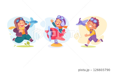 Joyful children are pretending to soar through the sky while playing with colorful airplanes Joyful children are pretending to soar through the sky while playing with colorful airplanes 126603790