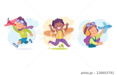 Joyful and enthusiastic Children happily playing with Paper Airplanes in a delightful Adventure 126603791