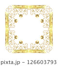 Gold frame with balls of vibrant collection. Isolate is presented for rectangle decorating textiles, prints, packaging. Curls, ribbons elements hand-painted in watercolor with gold paint accents 126603793