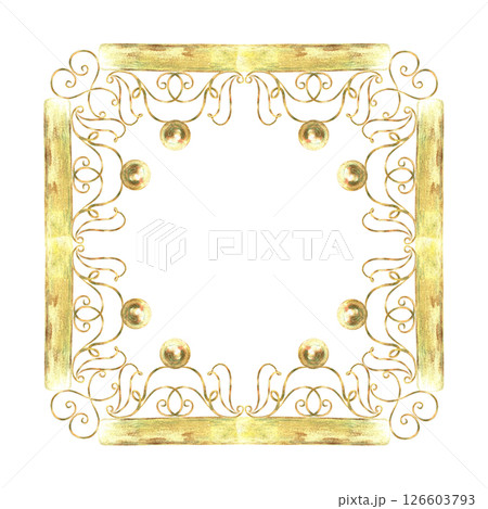Gold frame with balls of vibrant collection. Isolate is presented for rectangle decorating textiles, prints, packaging. Curls, ribbons elements hand-painted in watercolor with gold paint accents Gold frame with balls of vibrant collection. Isolate is presented for rectangle decorating textiles, prints, packaging. Curls, ribbons elements hand-painted in watercolor with gold paint accents 126603793