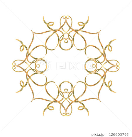 Gold curls frame, wreath from ribbons. Hand-painted in watercolor with gold paint accents. Isolate frame from elements for decorating and designing textiles, interior, wallpaper, prints, packaging Gold curls frame, wreath from ribbons. Hand-painted in watercolor with gold paint accents. Isolate frame from elements for decorating and designing textiles, interior, wallpaper, prints, packaging 126603795