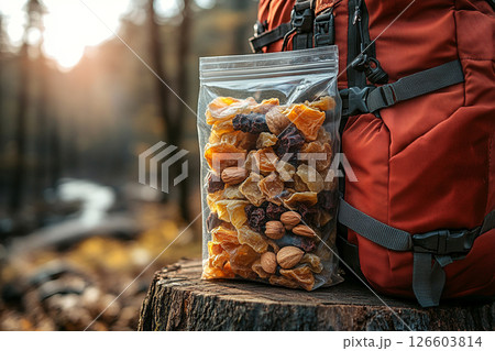Quick snacks. Outdoor eating. Freeze-dried fruit and nuts in a transparent zip bag on a tree stump next to the red backpack. 126603814