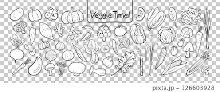 Isolated hand Drawn Vegetable Clipart Set on a transparent background. Black outline on white plain Illustration Style. Isolated hand Drawn Vegetable Clipart Set on a transparent background. Black outline on white plain Illustration Style. 126603928