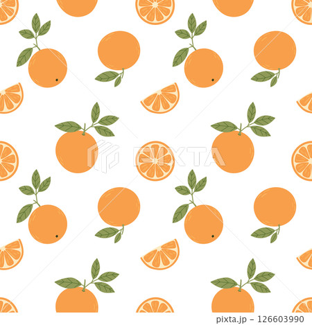 Oranges, seamless vector pattern. Bright summer pattern with oranges on a white background in a simple flat style. Oranges, seamless vector pattern. Bright summer pattern with oranges on a white background in a simple flat style. 126603990