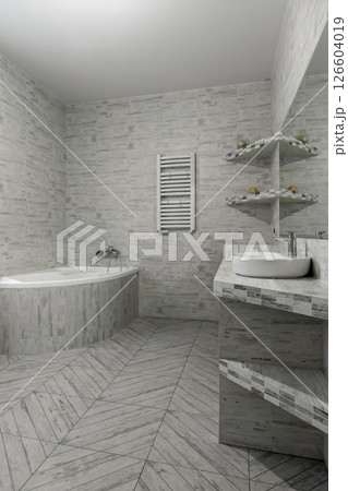 Bright Corner Bathtub and Sink in Minimalist Bathroom Bright Corner Bathtub and Sink in Minimalist Bathroom 126604019