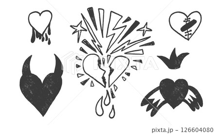 Broken hearts with crowns and devil horns crayon drawn set. Gritty marker doodles isolated on white background. Love ink naive sketch hand drawn painting elements. Vector heartbreak illustration 126604080