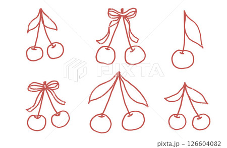 Cherry crayon drawn outline set. Coquette red stroke berries with bows and leaves doodle isolated on white background. Fruits grunge textured elements. Vector kid naive illustration by pencil 126604082