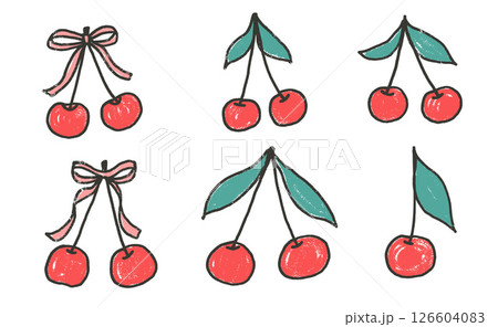 Cherry pencil drawn colorful set. Coquette berries with bows and leaves doodle isolated on white background. Fruits grunge textured elements. Vector kid naive illustration by pencil 126604083