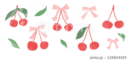 Cherry coquette crayon drawn set. Red, pink and green berries with ribbon band and leaves doodle isolated on white background. Fruits grunge textured elements. Vector kid naive illustration by pencil Cherry coquette crayon drawn set. Red, pink and green berries with ribbon band and leaves doodle isolated on white background. Fruits grunge textured elements. Vector kid naive illustration by pencil 126604085
