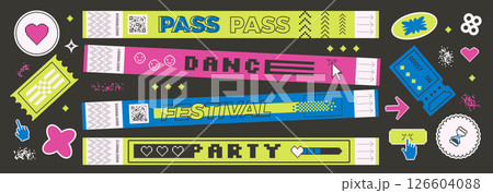 Stickers shapes and hand bracelet tickets set. Music festival, party, concert wristbands, patches in retro rave style. Paper y2k show stamps and pixel art labels. Vector promo tags and 8 bit badges 126604088
