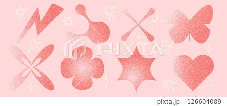 Geometric red figures with grain noise gradient. Y2k retro stippling forms set. Butterfly, heart and star flower icons isolated on pink background. Vector gritty gradation shapes illustration Geometric red figures with grain noise gradient. Y2k retro stippling forms set. Butterfly, heart and star flower icons isolated on pink background. Vector gritty gradation shapes illustration 126604089