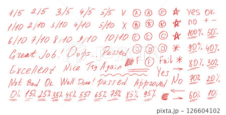 Exam grade marks crayon doodle set. School test results different hand drawn sings. Teacher scores of student homework. Vector handwritten scribble marker academic symbols on white background 126604102