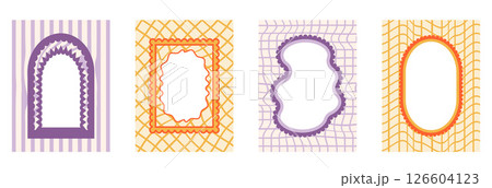 Retro funky frames with groovy checkerboard background. Set of fun kid borders with scallop wavy edges. Text boxes and callout templates for invitation. Vector purple and orange vintage doodles Retro funky frames with groovy checkerboard background. Set of fun kid borders with scallop wavy edges. Text boxes and callout templates for invitation. Vector purple and orange vintage doodles 126604123