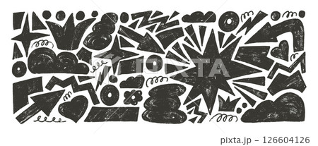Irregular geometric shapes linocut drawn set. Stars, crown, arrows and vector figures by marker. Organic linocut squiggles stickers doodle isolated on white background. Graphic grunge elements 126604126