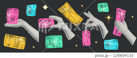 Halftone female hands holding crayon gifts boxes collage. Holiday sale mixed media elements. Cutout hand receiving pencil drawn gift. Vector retro magazine piece of papers illustration Halftone female hands holding crayon gifts boxes collage. Holiday sale mixed media elements. Cutout hand receiving pencil drawn gift. Vector retro magazine piece of papers illustration 126604133