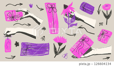 Halftone photocopy hands holding crayon gifts boxes and flowers collage. Summer holiday sale elements. Cutout hand receiving chalk gift with bee and butterfly. Vector scrapbook elements illustration Halftone photocopy hands holding crayon gifts boxes and flowers collage. Summer holiday sale elements. Cutout hand receiving chalk gift with bee and butterfly. Vector scrapbook elements illustration 126604134