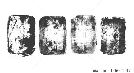 Ink grunge ruined stamps set. Distressed rectangle frames. Linocut rolled paint black tag. Vector handmade brayer smudged noise texture. Rough paint decorative irregular border 126604147