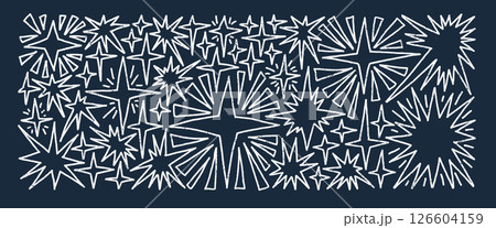Hand drawn line art firework sparkle stars set. Space shine crayon shapes and blings pack. Comets and blinking on night sky. Vector illustration by pencil or wax crayon isolated on dark background 126604159