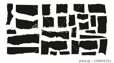 Set of torn papers silhouette. Tear sheet pieces black pack. Blanks with uneven textured edges. Newspapers cutouts. Empty callouts figures for text. Vector hand drawn geometric edged shapes 126604161