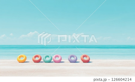 砂浜に並ぶカラフルな浮き輪と青い海 夏のビーチリゾート風景_2 126604214