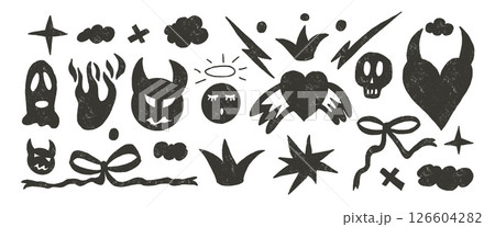 Rock and roll girly lovestory marker drawn set. Punk charcoal heart with devil and angel doodles. Scribble grunge elements. Heart, bows and sketchy graffiti art. Vector sketch charcoal illustration Rock and roll girly lovestory marker drawn set. Punk charcoal heart with devil and angel doodles. Scribble grunge elements. Heart, bows and sketchy graffiti art. Vector sketch charcoal illustration 126604282