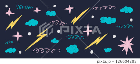 Crayon night sky set. Naive hand drawn clouds, stars and lightning pack. Kids chalk textured elements. Pastel cloudy weather symbols. Vector charcoal pencil drawn illustration on dark background Crayon night sky set. Naive hand drawn clouds, stars and lightning pack. Kids chalk textured elements. Pastel cloudy weather symbols. Vector charcoal pencil drawn illustration on dark background 126604285