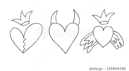 Hearts shapes hand drawn set. Punk charcoal breaking heart doodle background. Scribble grunge shapes. Love line sketch graffiti art. Vector sketchy illustration by pencil isolated on white bg 126604286