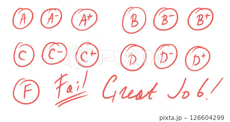Exam grade marks doodle style set. School test results hand drawn sings. Teacher scores for homework. Vector handwritten scribble qualification rating and correction symbols isolated on white 126604299